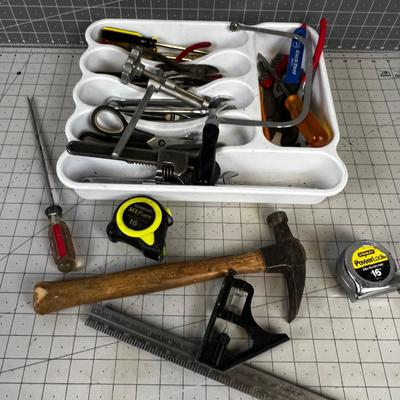 Tray of Tools: Socket Wrench, Saw, Hammer, Screw Driver