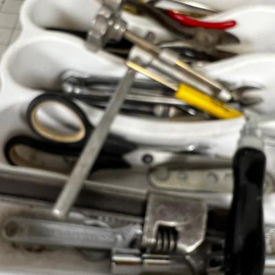 Tray of Tools: Socket Wrench, Saw, Hammer, Screw Driver