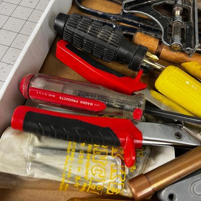 Tray of Hand Tape Measure, Channel locks, Tin Snipes, etc.