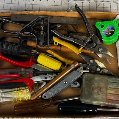 Tray of Hand Tape Measure, Channel locks, Tin Snipes, etc.