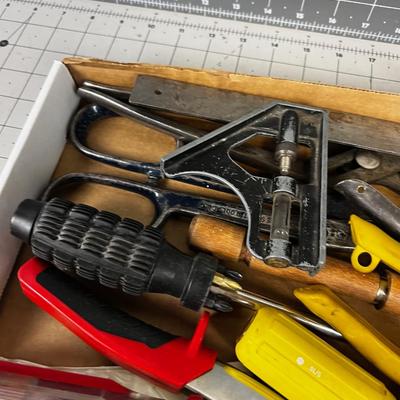 Tray of Hand Tape Measure, Channel locks, Tin Snipes, etc.