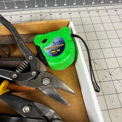 Tray of Hand Tape Measure, Channel locks, Tin Snipes, etc.