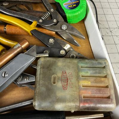 Tray of Hand Tape Measure, Channel locks, Tin Snipes, etc.