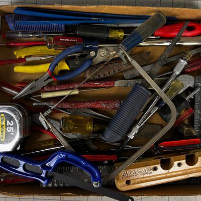 Tray of Tools: Coping Saw, Chisel, Square, Needle Nose etc.