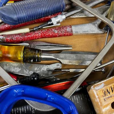 Tray of Tools: Coping Saw, Chisel, Square, Needle Nose etc.
