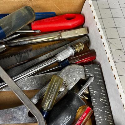 Tray of Tools: Coping Saw, Chisel, Square, Needle Nose etc.