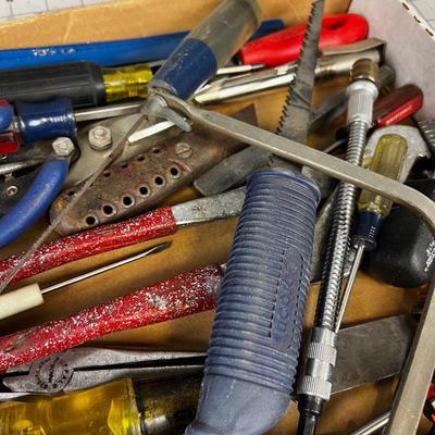 Tray of Tools: Coping Saw, Chisel, Square, Needle Nose etc.