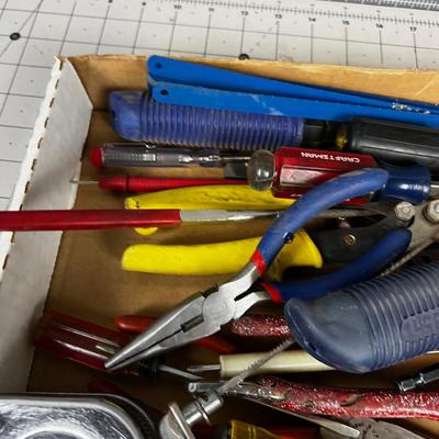 Tray of Tools: Coping Saw, Chisel, Square, Needle Nose etc.