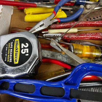 Tray of Tools: Coping Saw, Chisel, Square, Needle Nose etc.