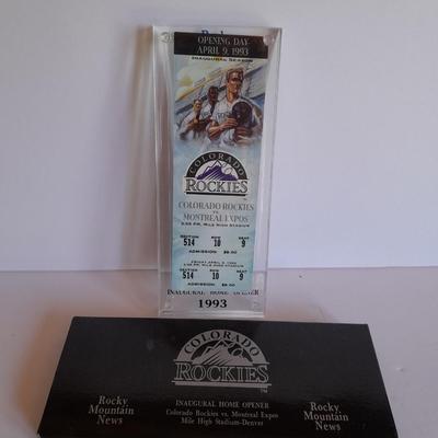 Rockies Memorabilia 1993 April 9, 1993, cased ticket with box and a Rockies Inaugural edition Volume 1 edition 1 scorecard magazine