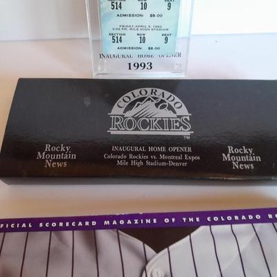 Rockies Memorabilia 1993 April 9, 1993, cased ticket with box and a Rockies Inaugural edition Volume 1 edition 1 scorecard magazine