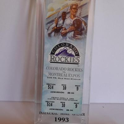 Rockies Memorabilia 1993 April 9, 1993, cased ticket with box and a Rockies Inaugural edition Volume 1 edition 1 scorecard magazine