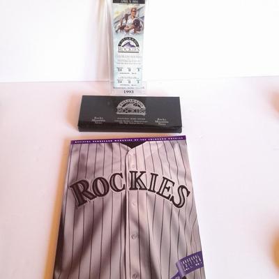 Rockies Memorabilia 1993 April 9, 1993, cased ticket with box and a Rockies Inaugural edition Volume 1 edition 1 scorecard magazine