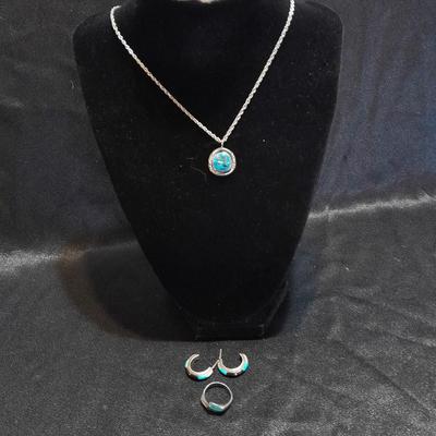 Vintage RB Sterling pendant necklace - unmarked earrings - and Ring Navaho