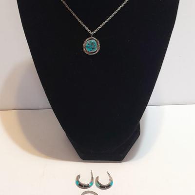 Vintage RB Sterling pendant necklace - unmarked earrings - and Ring Navaho