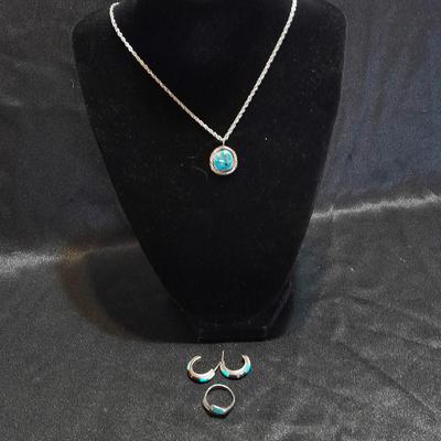 Vintage RB Sterling pendant necklace - unmarked earrings - and Ring Navaho