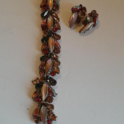 Vintage Kramer Bracelet Glass Leaf Stone Green Orange Amber Brown Rhinestones with matching clip on ear rings