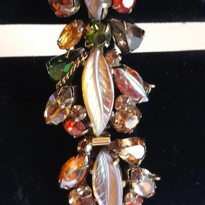 Vintage Kramer Bracelet Glass Leaf Stone Green Orange Amber Brown Rhinestones with matching clip on ear rings