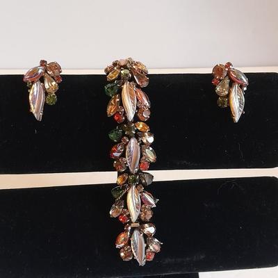 Vintage Kramer Bracelet Glass Leaf Stone Green Orange Amber Brown Rhinestones with matching clip on ear rings