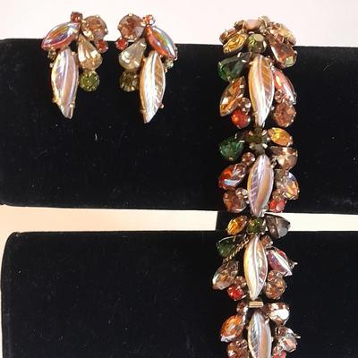 Vintage Kramer Bracelet Glass Leaf Stone Green Orange Amber Brown Rhinestones with matching clip on ear rings