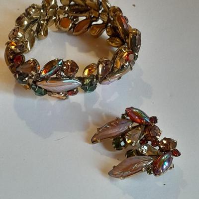 Vintage Kramer Bracelet Glass Leaf Stone Green Orange Amber Brown Rhinestones with matching clip on ear rings