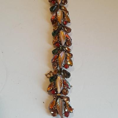 Vintage Kramer Bracelet Glass Leaf Stone Green Orange Amber Brown Rhinestones with matching clip on ear rings