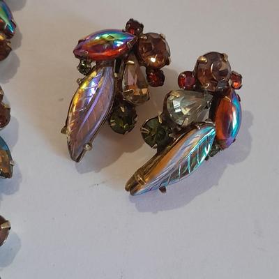 Vintage Kramer Bracelet Glass Leaf Stone Green Orange Amber Brown Rhinestones with matching clip on ear rings