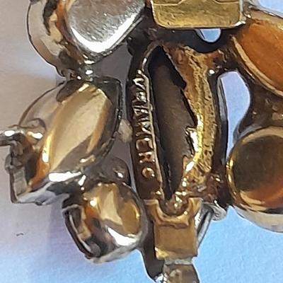 Vintage Kramer Bracelet Glass Leaf Stone Green Orange Amber Brown Rhinestones with matching clip on ear rings