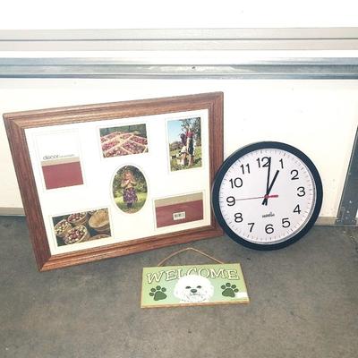 WOODEN WELCOME SIGN-WALL CLOCK AND PHOTO FRAME