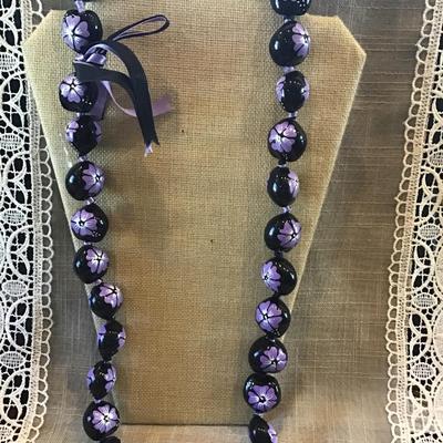 Hawaiian Kukui Nut Necklace Lei Black Purple Hibiscus Luau