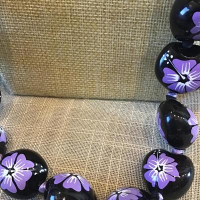 Hawaiian Kukui Nut Necklace Lei Black Purple Hibiscus Luau