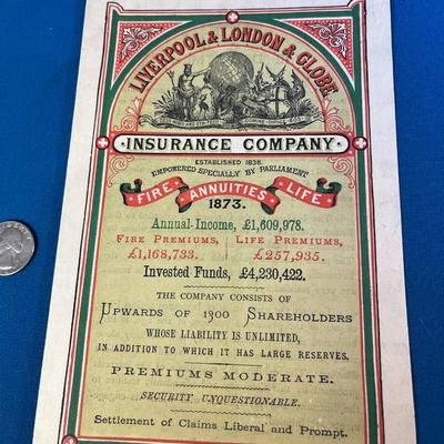 COOL 1873 â€œLIVERPOOL & LONDON & GLOBEâ€ INSURANCE CO ADVERTISEMENT