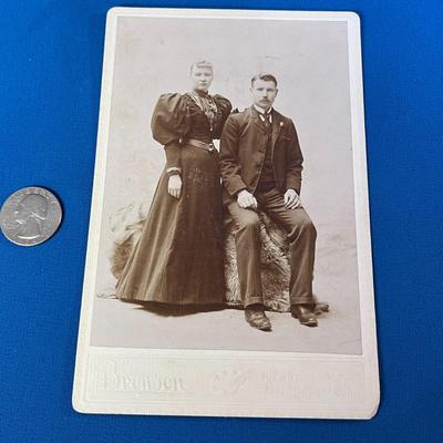 VINTAGE CABINET PHOTO OF COUPLE- CHECK OUT THOSE PUFFED SLEEVES!