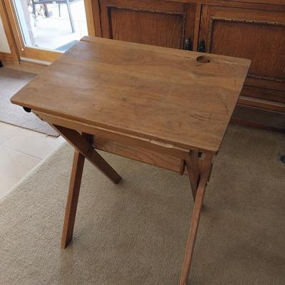 ANTIQUE FOLDING STUDENT DESK WITH INKWELL CUT-OUT