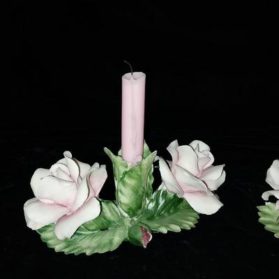 PAIR OF CAPODIMONTE PINK ROSE CANDLE HOLDERS
