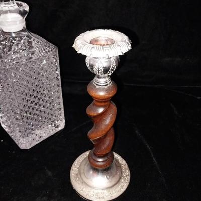 CRYSTAL LIQUOR DECANTER AND 2 TWISTED WOOD CANDLESTICKS