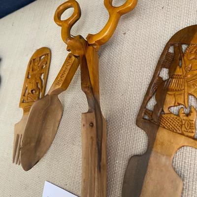 Vintage Wooden Salad Tongs and Utensils