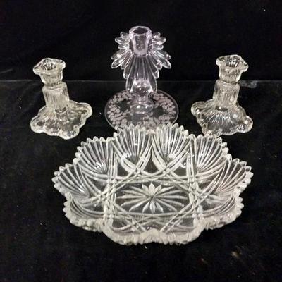 CRYSTAL CUT GLASS SERVING DISH AND CANDLESTICKS