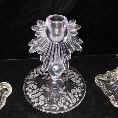 CRYSTAL CUT GLASS SERVING DISH AND CANDLESTICKS