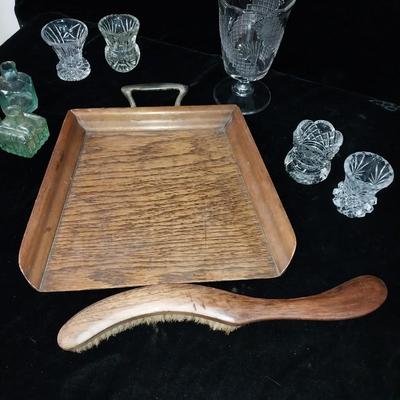 WOODEN CRUMB TRAY AND BRUSH, INK BOTTLES, TOOTHPICK HOLDERS