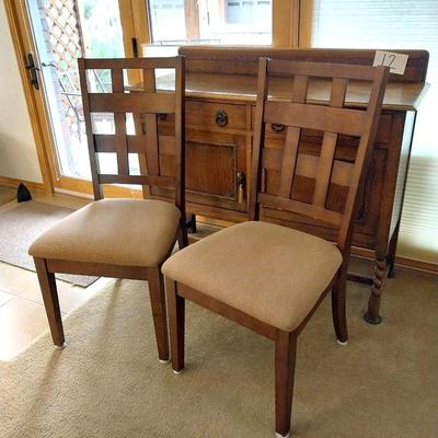 2 SOLID WOOD DINING CHAIRS WITH PADDED, UPHOLSTERED SEATS