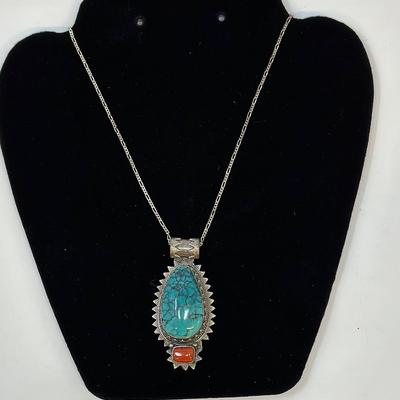 Turquoise and Coral Sterling Silver Necklace