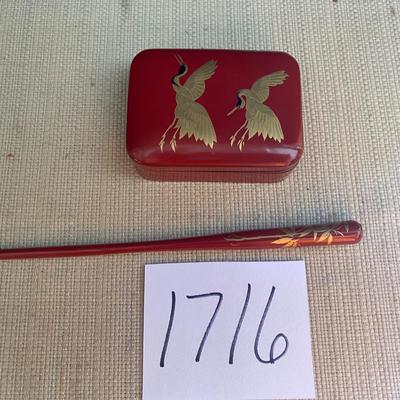 Vintage Red Lacquer Trinket Box With Birds and