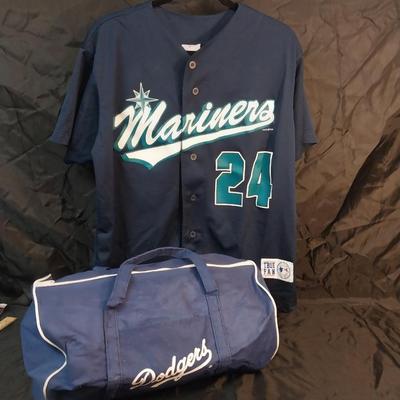 MARINERS BASEBALL JERSEY AND A DODGERS CANVAS BAG