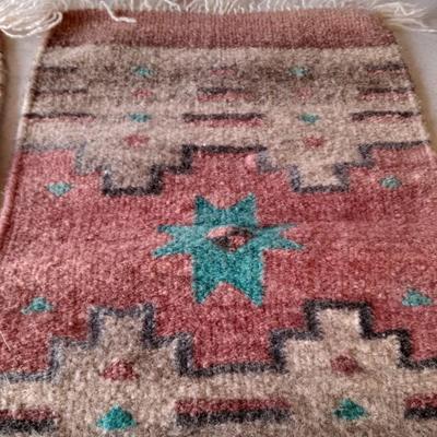 Two matching vintage wool loom woven small thick table rug runner