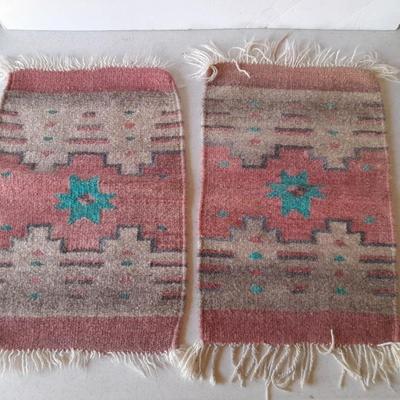 Two matching vintage wool loom woven small thick table rug runner