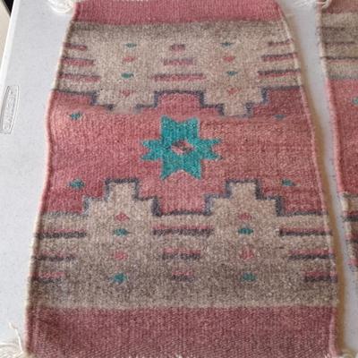 Two matching vintage wool loom woven small thick table rug runner