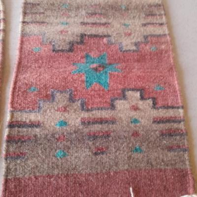 Two matching vintage wool loom woven small thick table rug runner