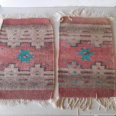 Two matching vintage wool loom woven small thick table rug runner