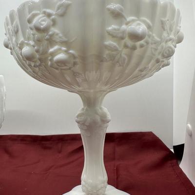 Two (2) Milk Glass Compote Candy Dish Bowls & (1) Vase